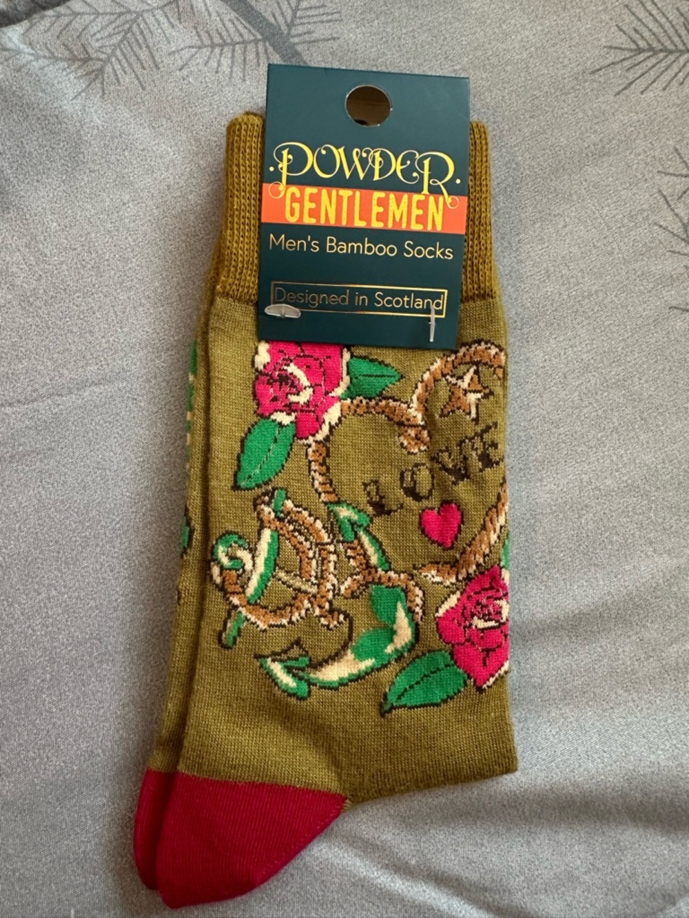 NWT Powder Gentlemen Olive Floral Anchor Bamboo Socks w/Pink Accents - Men's